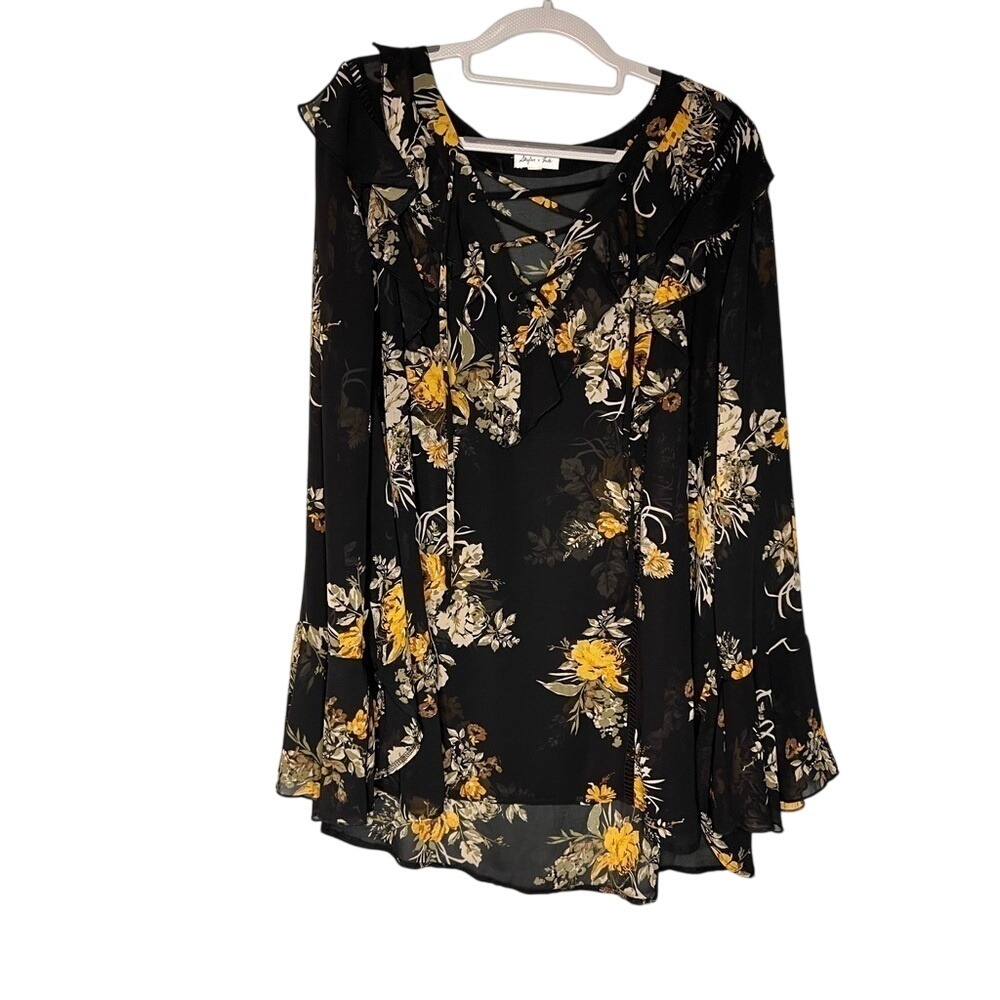 Skylar + Jade black orange floral printed flare sleeve blouse